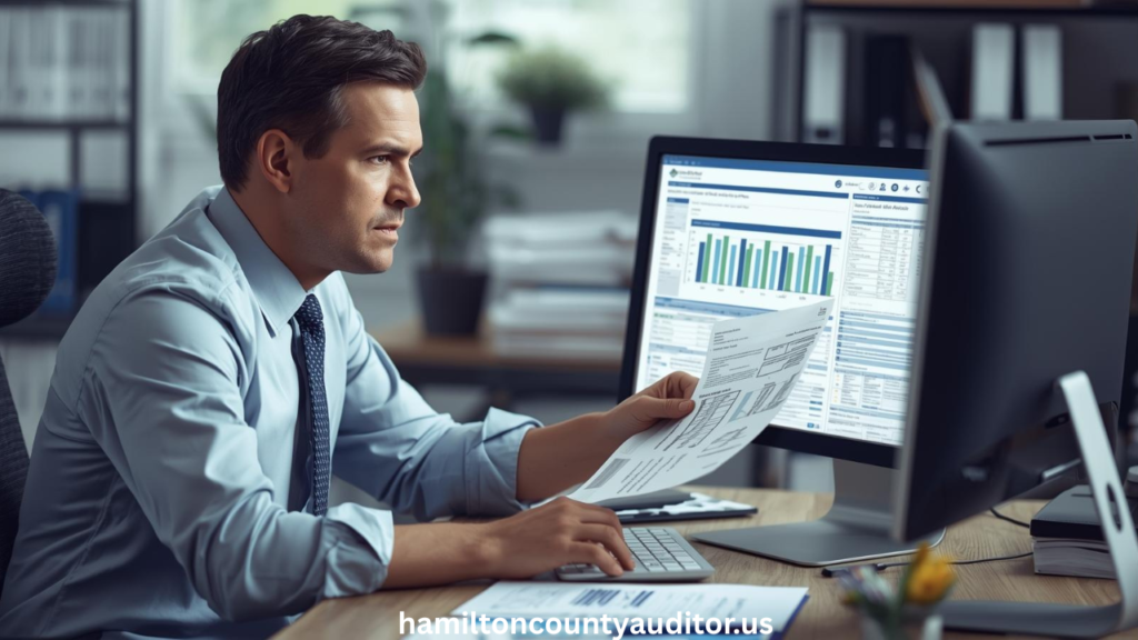 County auditor conducting an official audit by examining reports and compliance documents.