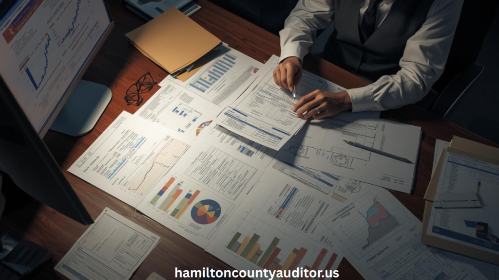 "County auditor reviewing financial documents and reports during an official investigation in a government office
