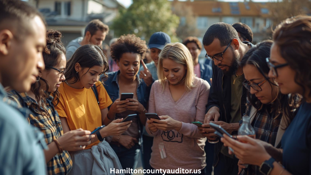 Community members receiving Hamilton County crime alerts on smartphones promoting neighborhood safety awareness