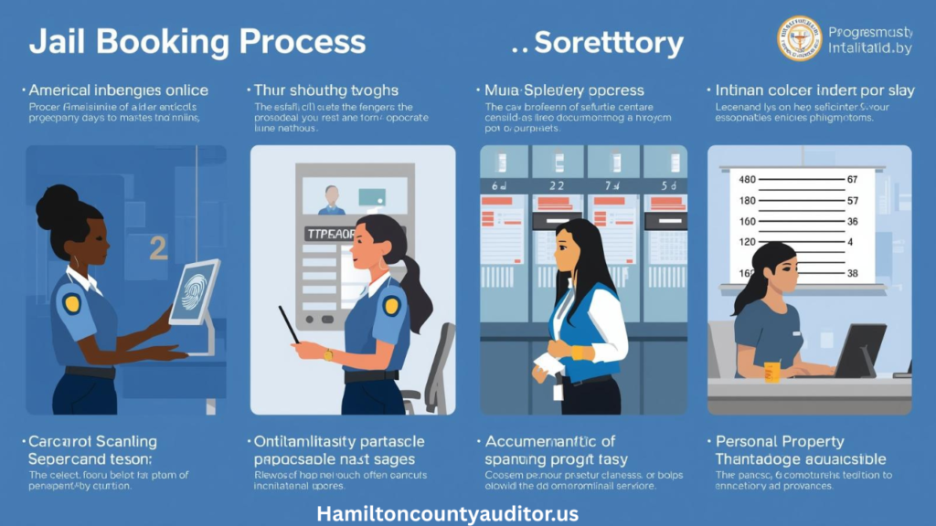 Step-by-step Hamilton County jail booking process illustration showing fingerprinting, mugshots, and property documentation