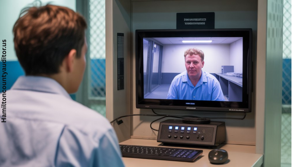 Hamilton County Jail video visitation terminal showing remote video visit technology for inmate family communication