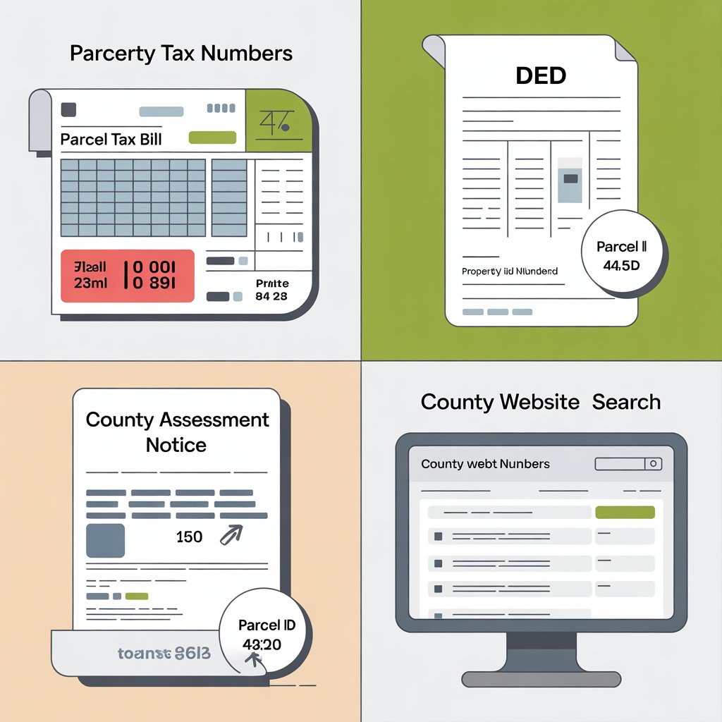Infographic showing four common places to find parcel numbers including property tax bill deed assessment notice and county website"