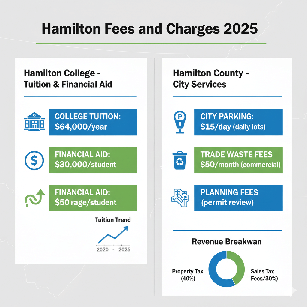 Hamilton County and Hamilton College financial overview infographic 2025, showing tuition, fees, parking, trade waste, and planning charges