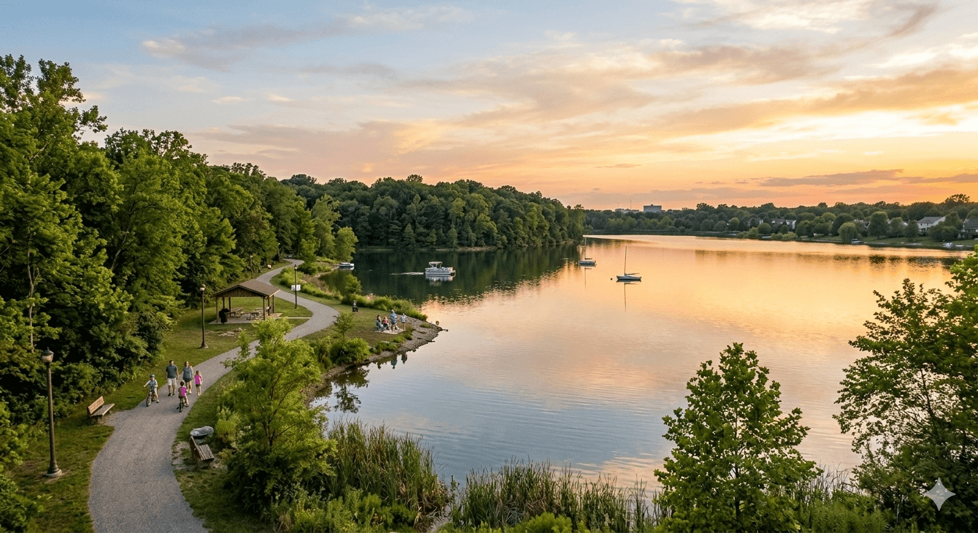 Morse Park, boat on calm water, sunny day